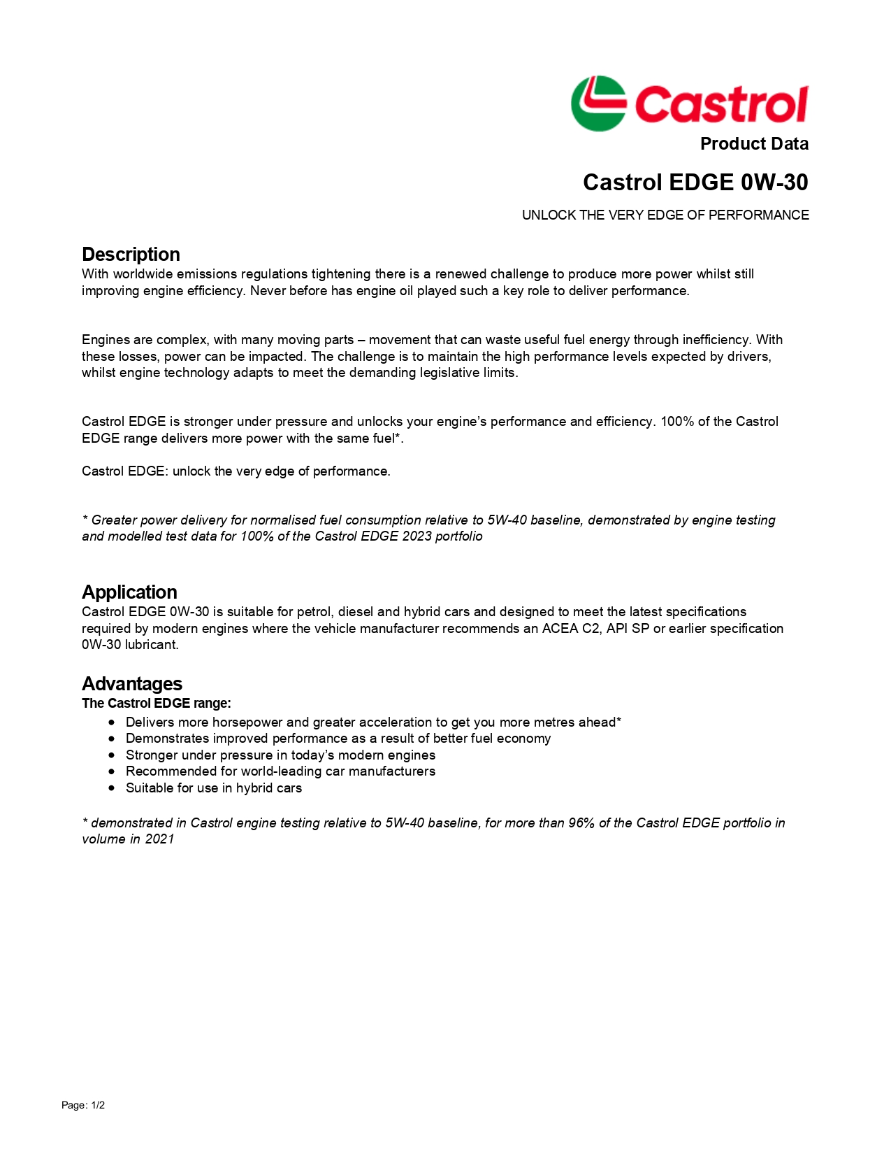 castrol 0w30 bezbedonosni list 1