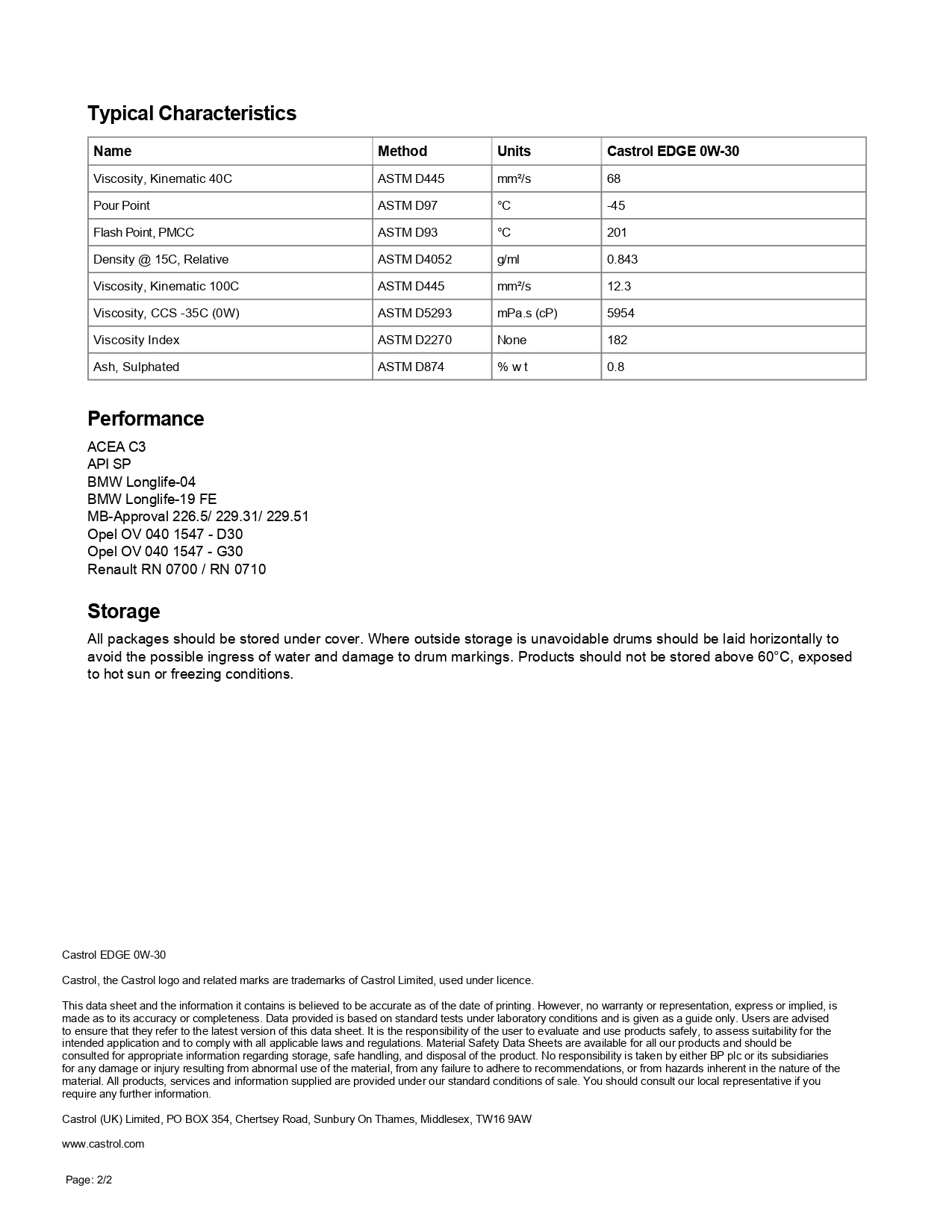 castrol 0w30 bezbedonosni list